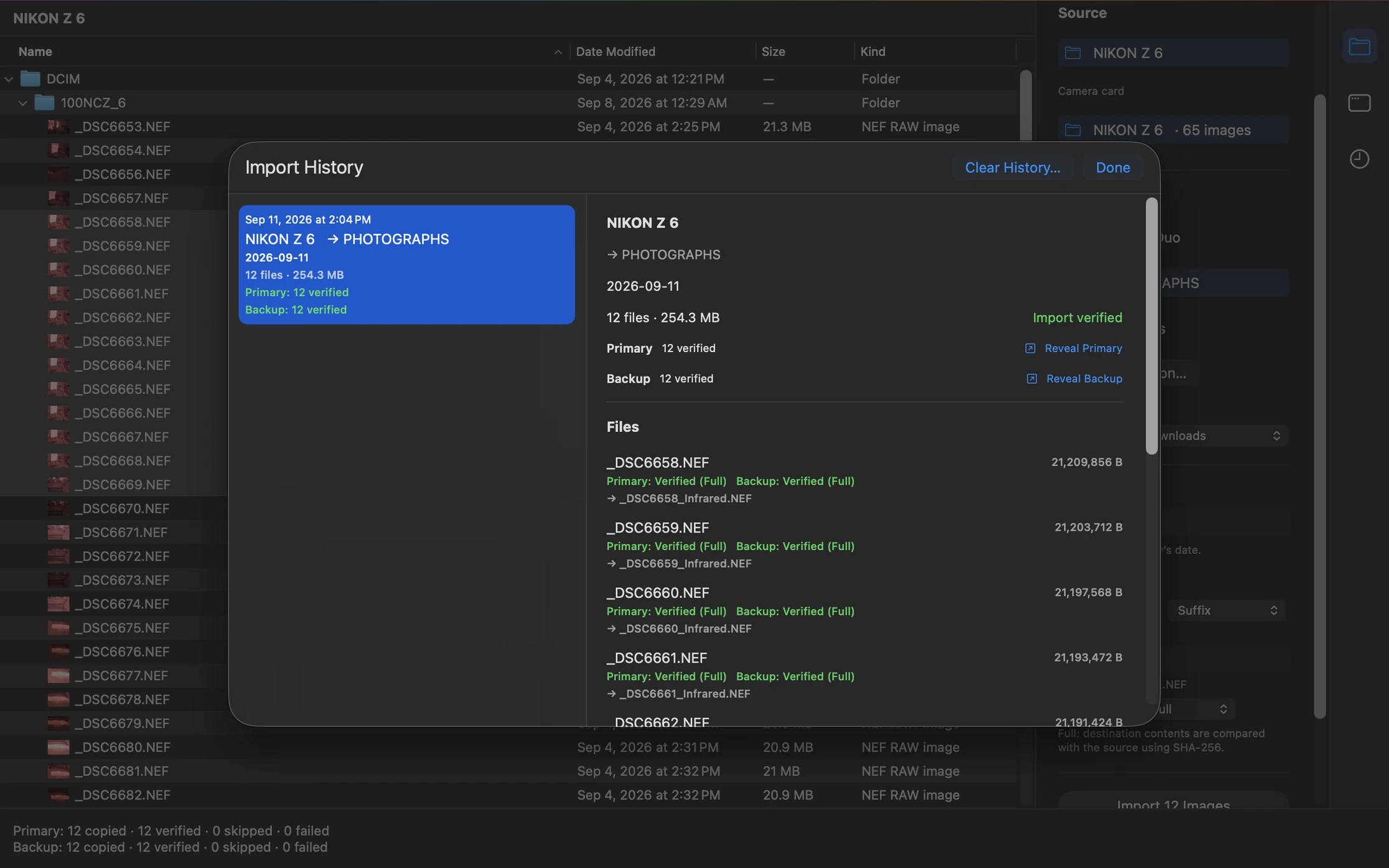 Importer application window showing verified import history
