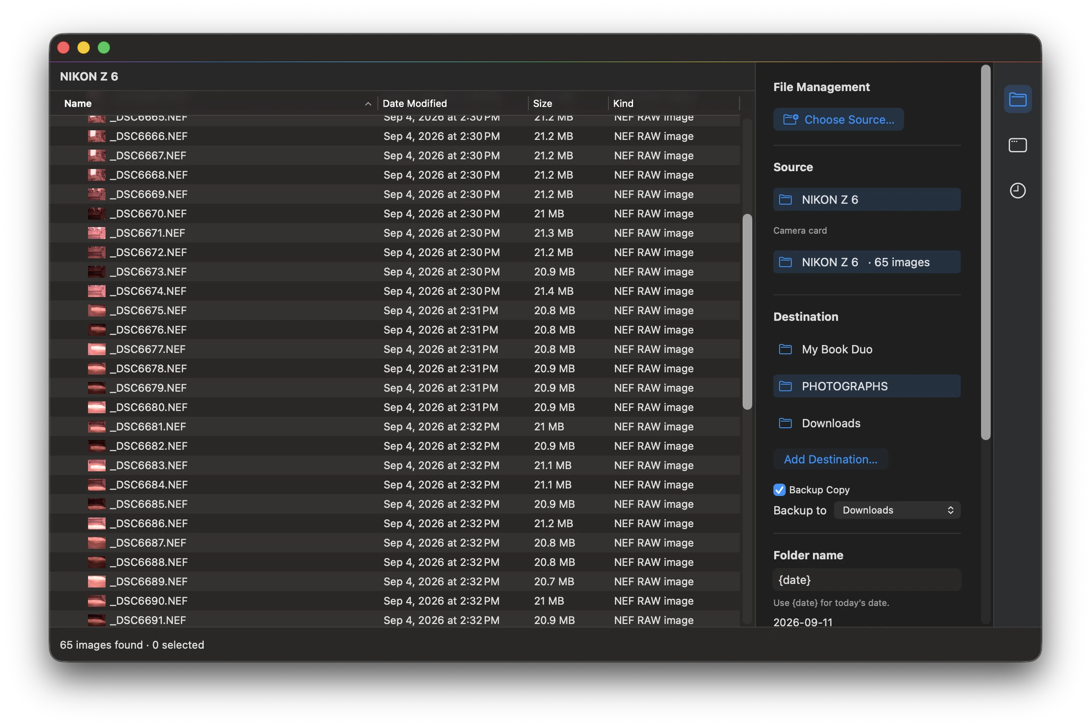 Importer application window showing source and destination controls